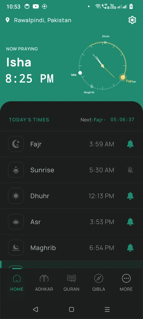Prayer Times home screen showing today's prayer schedule