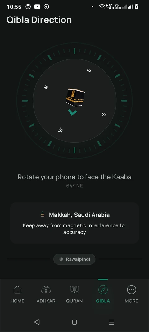 Qibla compass, dark mode