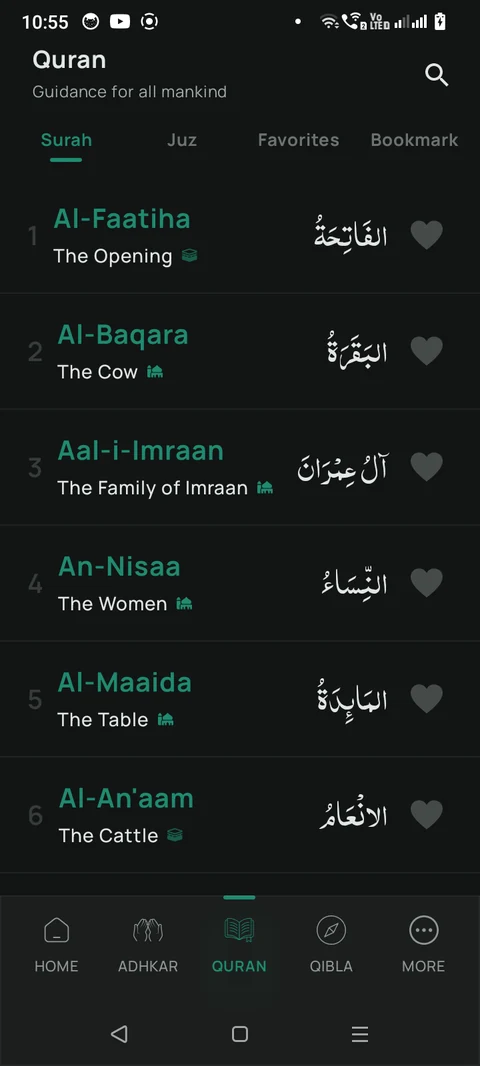 Quran surah list, dark mode